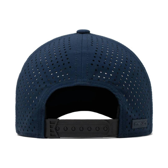 Navy perforated mesh snapback cap shown from the back