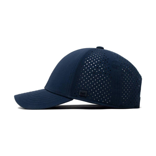 Navy perforated baseball cap with curved brim and small front logo patch
