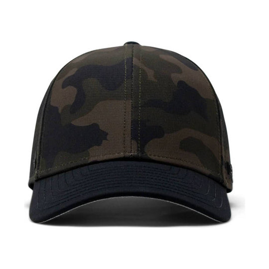 Camouflage baseball cap with a dark curved brim, front view