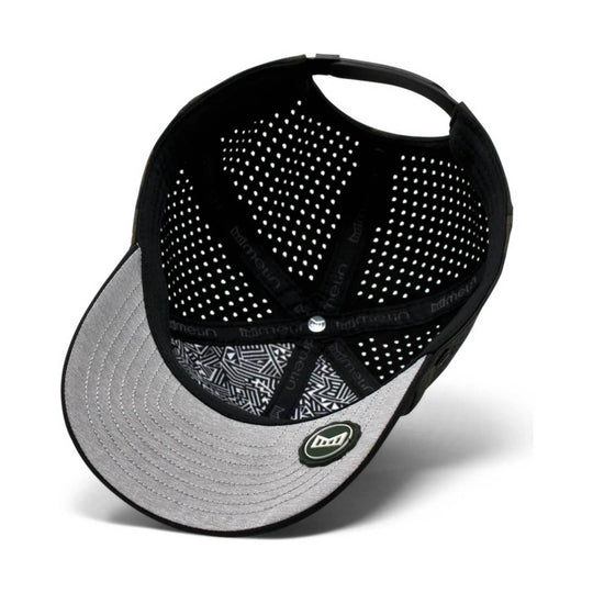 Black perforated baseball cap with a gray brim and patterned interior sweatband