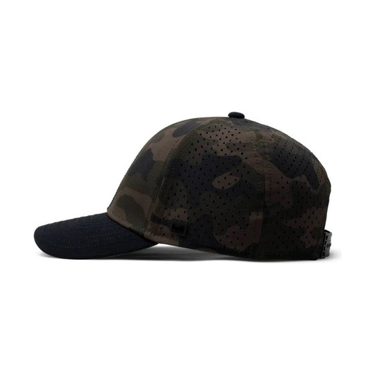 Camouflage perforated baseball cap with a black brim