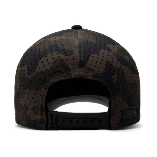 Perforated dark camouflage baseball cap shown from the back, with an adjustable snapback strap and melin patch.