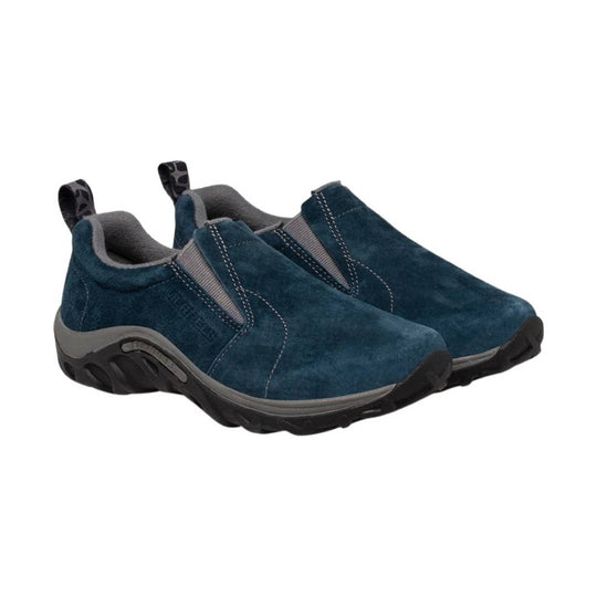 Pair of blue slip-on shoes with black rugged soles and pull tabs