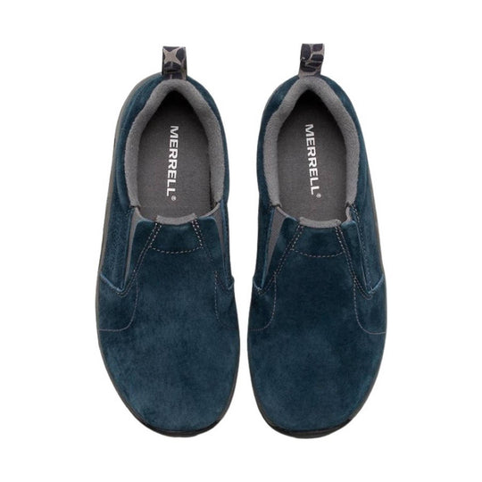 Pair of dark blue suede slip-on shoes with gray padded collars and pull tabs