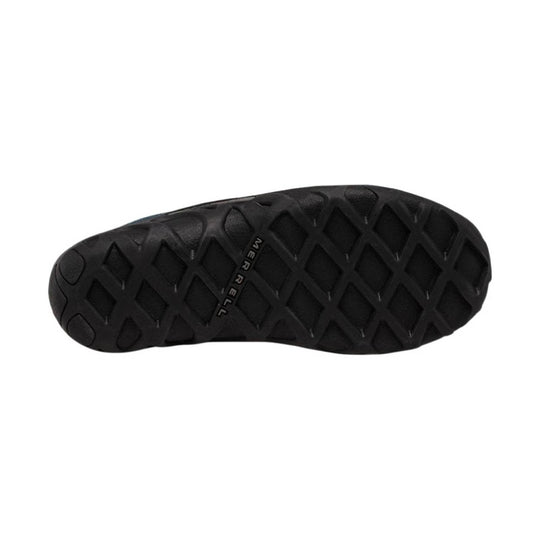 Black rubber shoe outsole with diamond tread and MERRELL branding