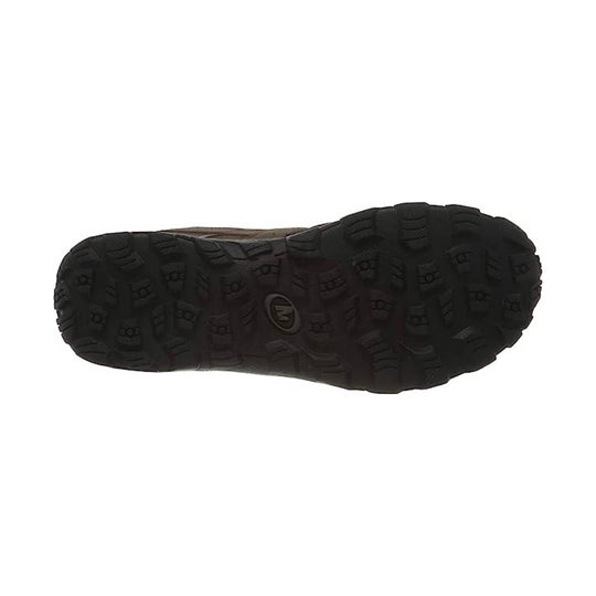 Black lugged hiking shoe outsole with deep tread and a small logo at center