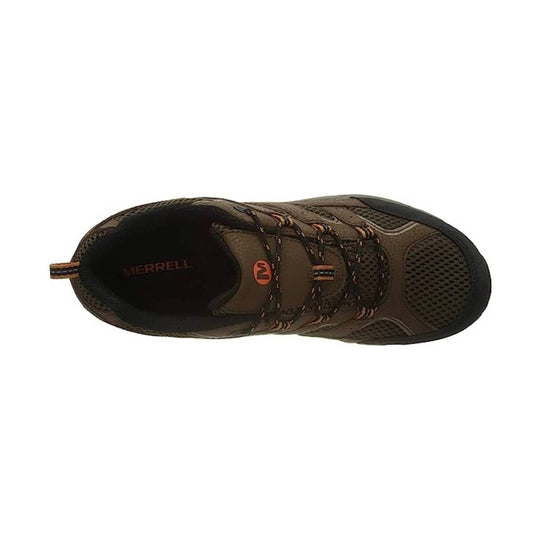Brown low-top hiking shoe with black mesh panels, bungee laces, and a visible Merrell logo