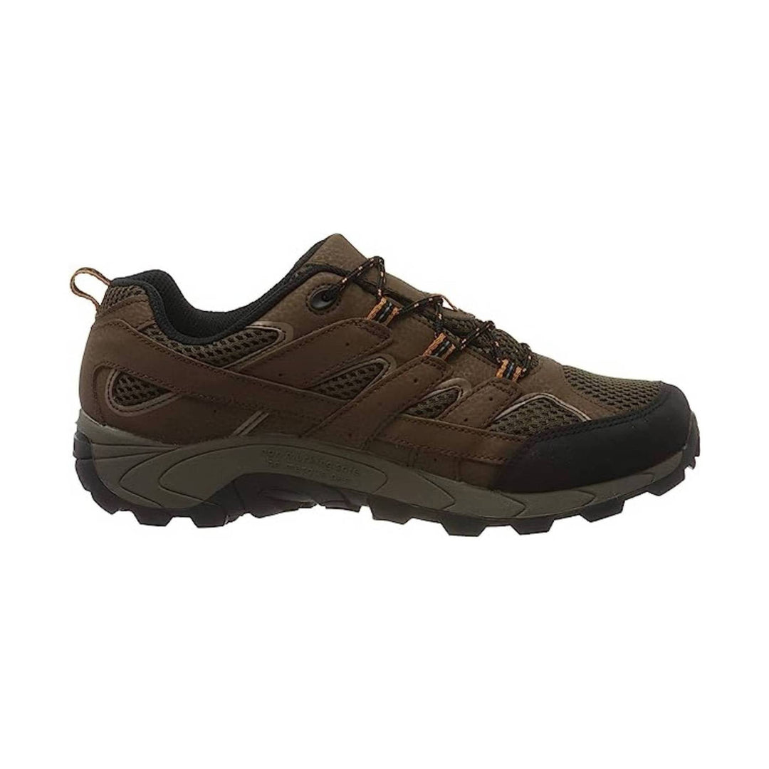 Brown low-top hiking shoe with black toe cap, mesh panels, and rugged tread