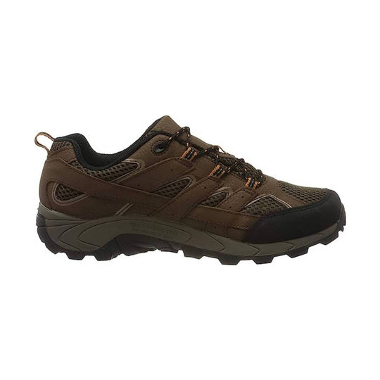 Brown low-top hiking shoe with black toe cap, mesh panels, and rugged tread