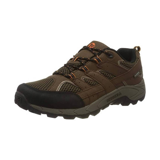 Brown and olive low hiking shoe with mesh panels, black toe cap, and bungee laces