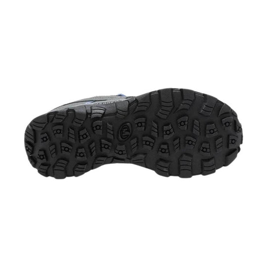 Black hiking shoe outsole with deep traction lugs and a visible Merrell logo