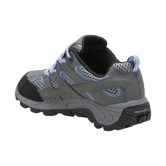 Gray-and-black low-top hiking shoe with blue accents and rugged tread, shown in side view