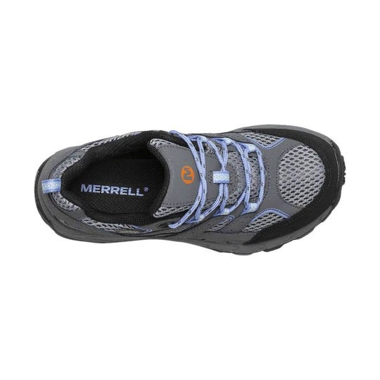 Gray and black trail shoe with blue laces, mesh panels, and MERRELL on the insole
