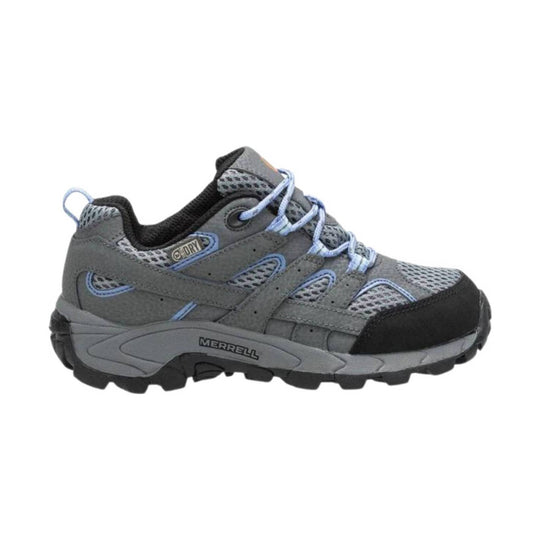 Gray low-top hiking shoe with blue laces, mesh panels, and black rubber toe cap