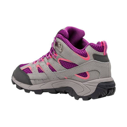 Gray and purple mid-height hiking boot with pink trim and black lug sole