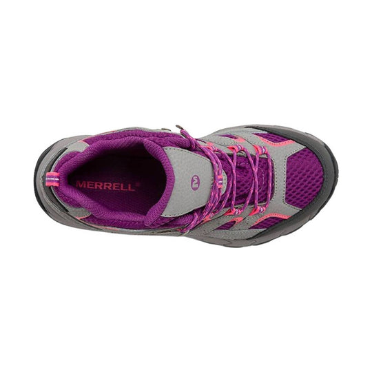 Purple and gray hiking boot with pink accents, laces, and black outsole