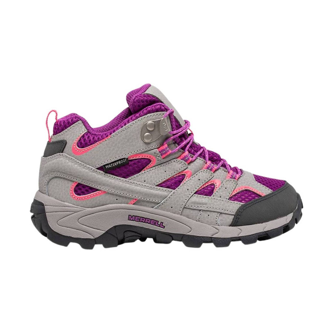 Gray and purple mid-top hiking boot with pink accents and black tread sole