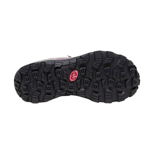 Black lugged boot outsole with deep tread and a pink logo at the center