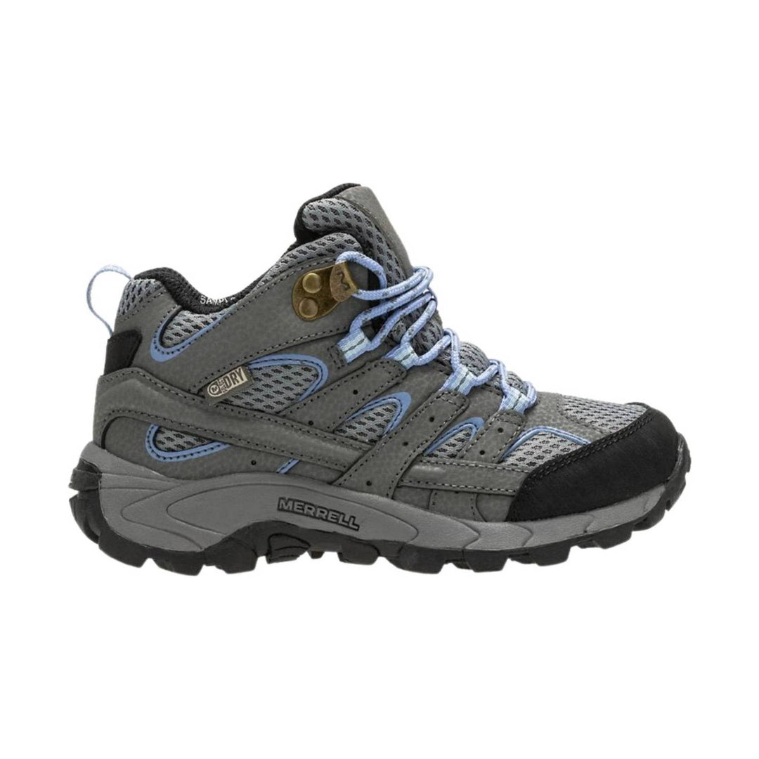 Gray mid-height hiking boot with blue laces, black toe cap, and rugged tread, shown in side view