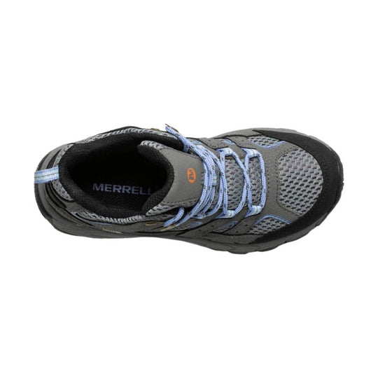 Gray and black hiking boot with blue laces, mesh panels, and a black toe cap, viewed from above