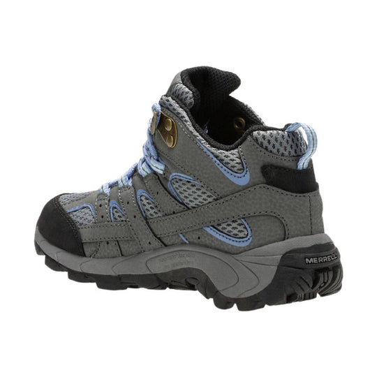 Gray mid-top hiking boot with blue trim, black toe cap, and thick treaded sole