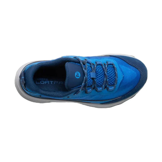 Blue kids' trail shoe with mesh upper, bungee laces, and gray sole, top view