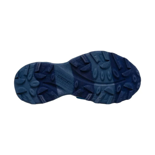 Blue rugged shoe outsole with deep tread and visible Merrell branding