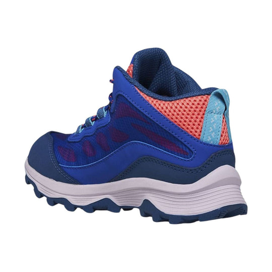 Blue mid-top hiking shoe with pink mesh collar, light blue heel loop, and thick white lugged sole