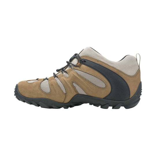 Tan and black hiking shoe with mesh panels and rugged tread, side view