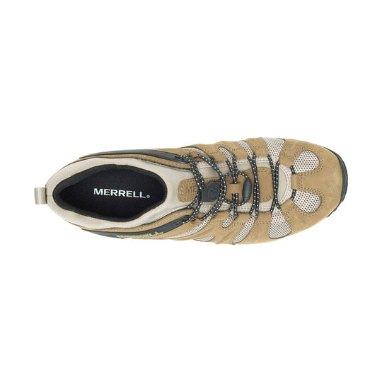Tan and gray hiking shoe with mesh panels, bungee laces, and visible MERRELL branding on the insole