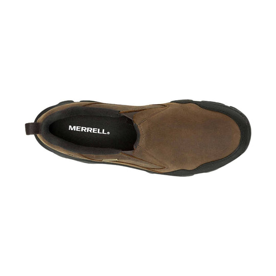 Brown slip-on moc toe shoe with black trim and Merrell branding on the insole