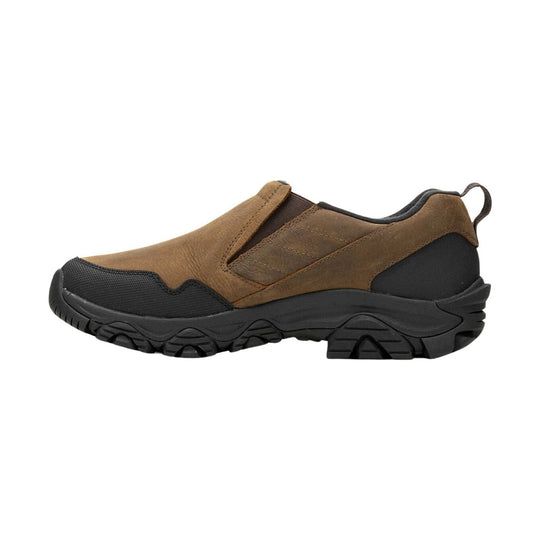 Brown slip-on outdoor shoe with black toe cap, thick lug sole, and heel pull tab
