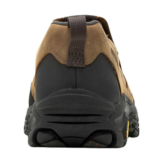 Brown and black slip-on trail shoe, rear view, with pull tab and rugged treaded sole