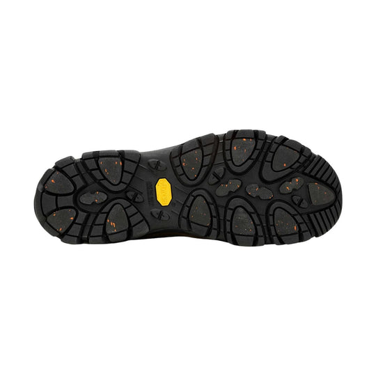Black rugged outsole with deep tread and orange speckling