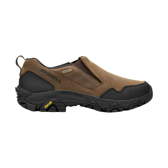 Brown and black slip-on hiking shoe with rubber toe cap, waterproof tag, and lugged sole