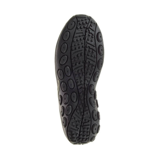 Black shoe outsole with circular tread pods and textured rubber pattern