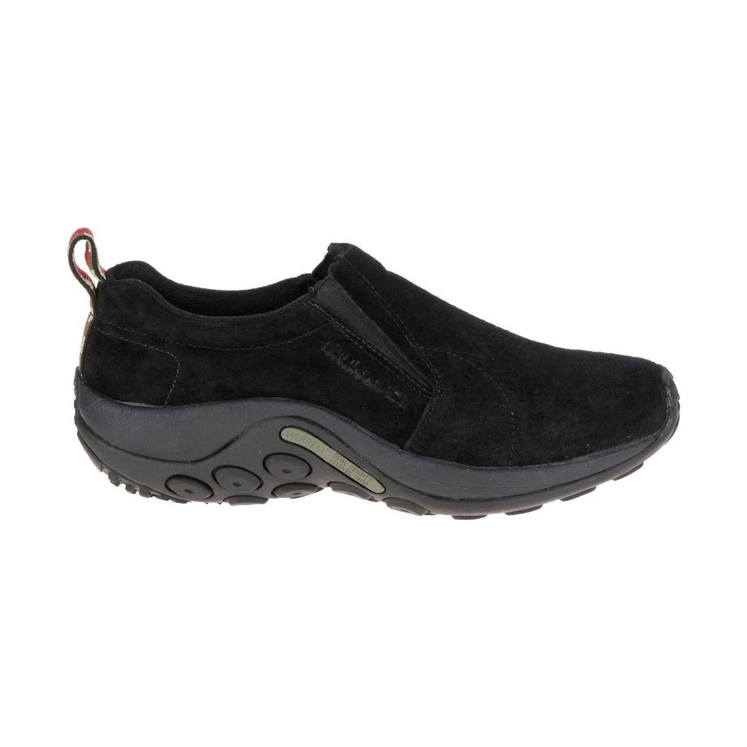 Black slip-on suede moccasin shoe with a thick rubber sole and heel pull tab