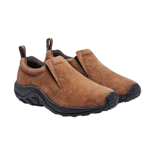 Brown suede slip-on shoes with black rubber soles and heel loops