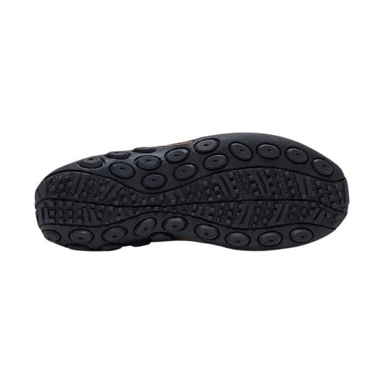 Black shoe outsole with circular traction pods and textured tread pattern