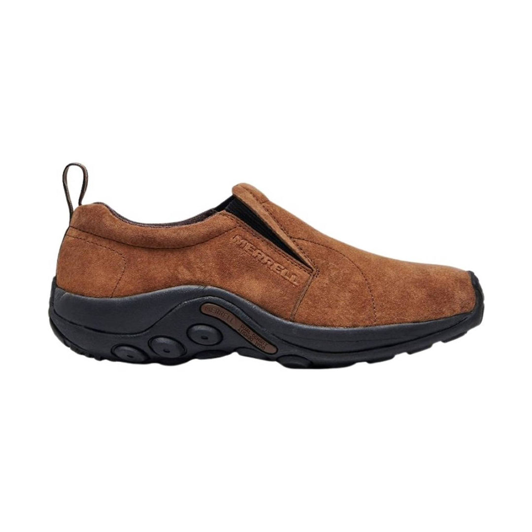 Brown suede slip-on shoe with black sole and heel pull tab