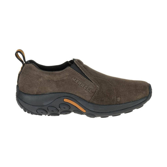 Brown suede slip-on shoe with black rubber sole and orange accent on the outsole