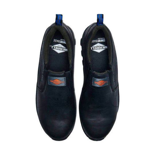 Black slip-on work shoes with pull tabs and visible Merrell Work labels