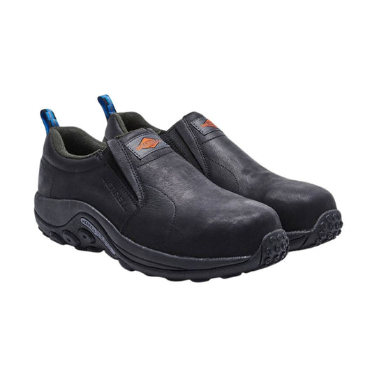 Black leather slip-on work shoe with a thick treaded sole