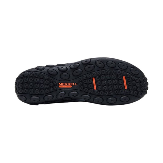 Black rubber shoe outsole with oval lugs and orange Merrell Select GRIP branding