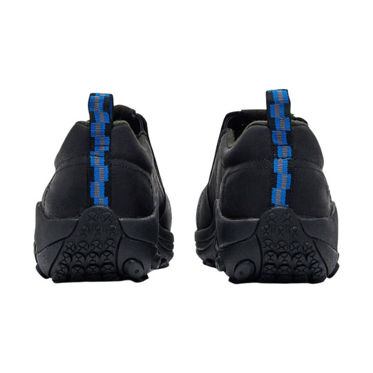 Black slip-on work shoes shown from the back with blue heel pull tabs and textured rubber soles
