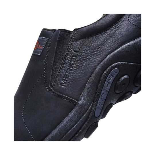 Black leather slip-on work shoe with textured upper, elastic side panel, and cushioned sole
