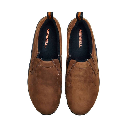 Brown slip-on shoes with black interiors and pull tabs, shown top view