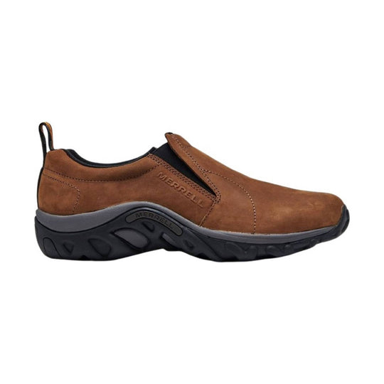 Brown slip-on leather shoe with black sole and pull tab