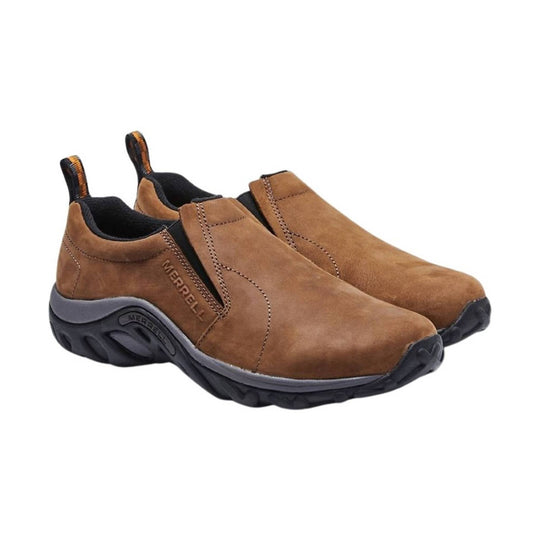 Brown slip-on suede shoes with black soles and heel pull tabs