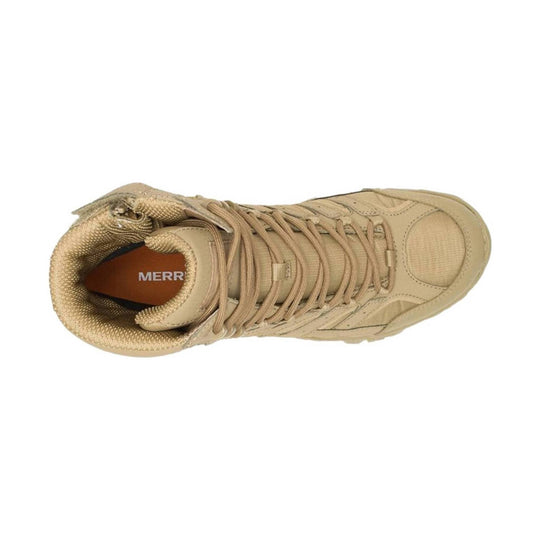 Tan tactical hiking boot with side zipper, bungee laces, and padded collar, shown from above